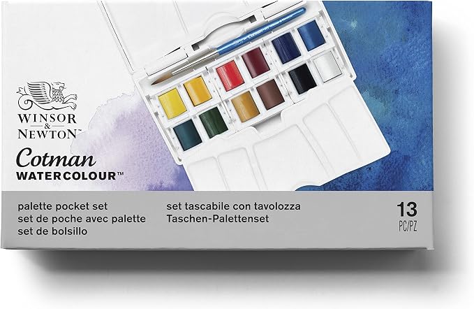 Winsor & Newton Cotman Watercolor Paint Set, 12 Half Pan Palette Pocket Set | Introductory Watercolor made with Fine Art Pigments, Perfect for Beginners, Lightfast & Permanent, Good Tinting Strength