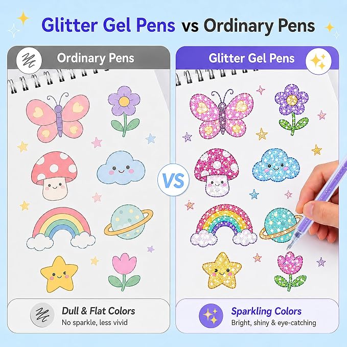Xmusk 12 Colors Glitter Gel Pens Set with A5 Sketchbook (50 Sheets 120gsm)