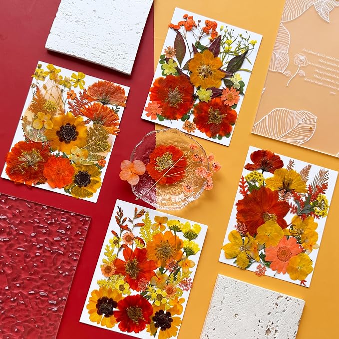 MIKIYA 90Pcs Fall Pressed Dried Flowers for Resin, Real Assorted Autumn Natural Bulk Orange Dry Floral Leaves for DIY Art Crafts, Epoxy Molds, Jewelry, Soap, Candle Making