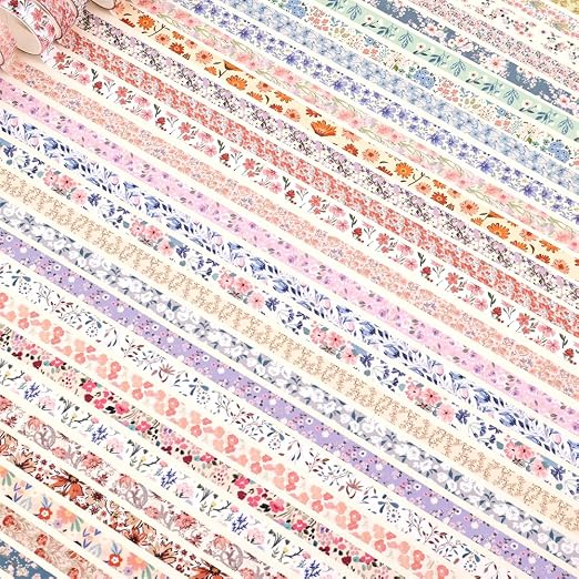 icceemee 60 Rolls Flowers Theme Washi Tape Set with Different Colorful Patterns, Writable Decorative Tapes for Scrapbooking, Junk Journal Supplies, Bullet Journaling, 0.39'' x 79'' per Roll