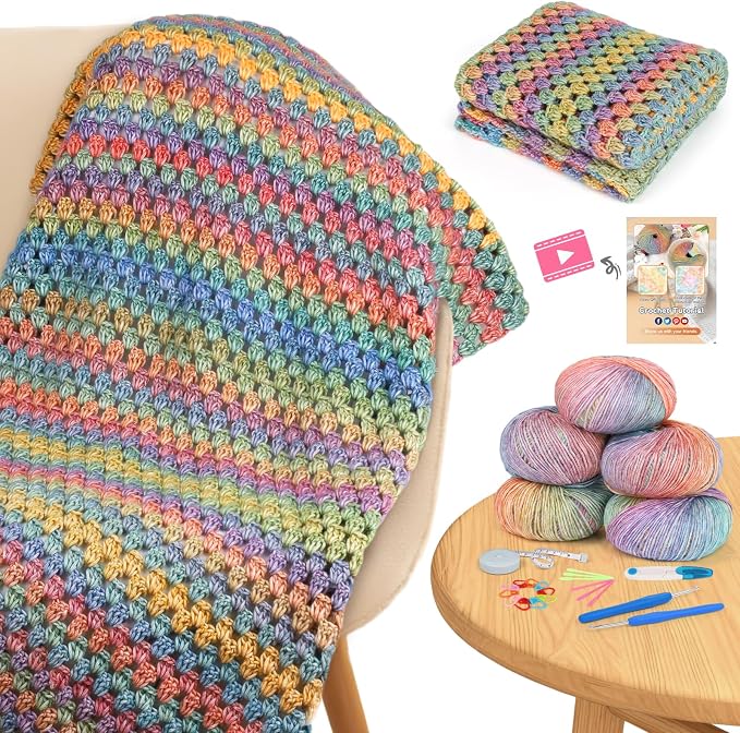 Aeelike Crochet Blanket Kit for Beginner, Easy Crochet Kits, Rainbow Gradient