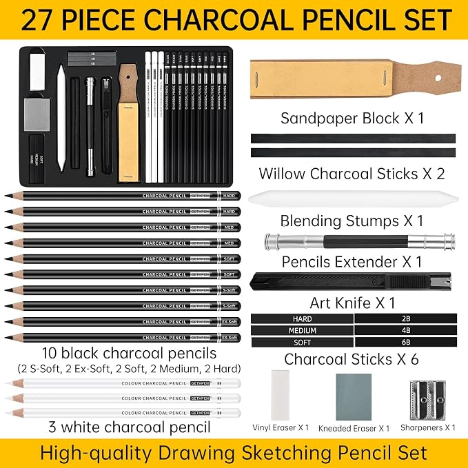 GETHPEN Charcoal Pencils for Drawing, S-Soft, Soft, Medium, Hard, 27Pcs | Black White Charcoal Pencils Kit, Drawing Pencils for Sketching, Shading, for Teens, Adults, Beginners & Artists