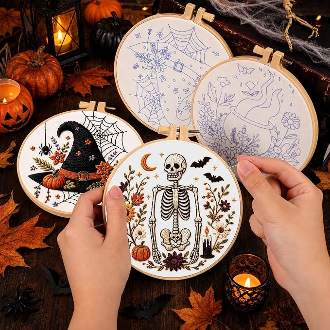 4 Set Halloween Embroidery Kit, DIY Hand Embroidery Kit for Beginners