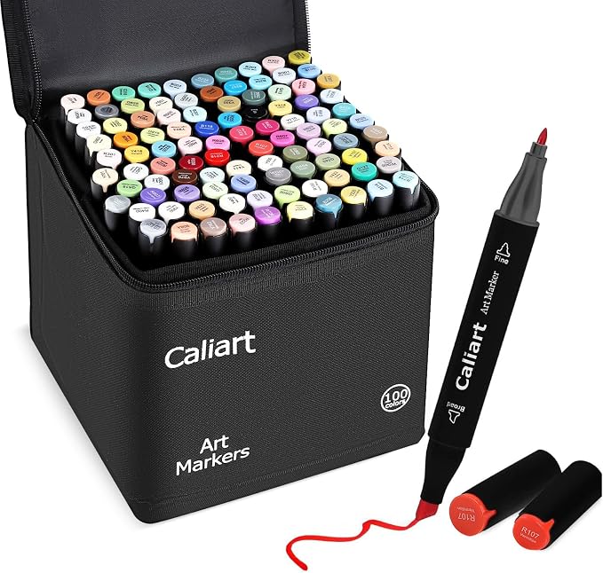 Caliart 100 Colors Alcohol Markers Dual Tip Art Markers for Adult Coloring | Fine & Chisel Tip Permanent Sketch Pens with Storage Case & Bleed-prevention Sheet for Beginners Artists Drawing Illustration