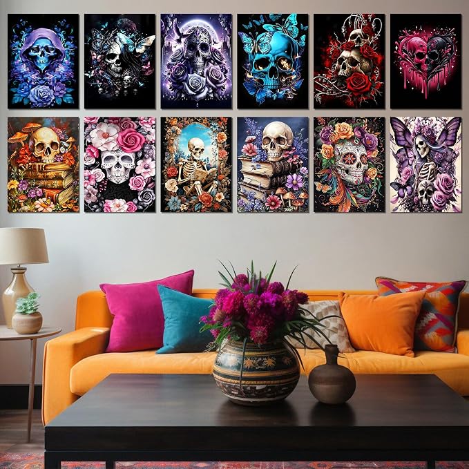 BWFY 12 Pack Skull Diamond Painting Kits for Adult, 5D Diamond Art Kit Paint by Number for Beginners, DIY Paint with Round Full Drill Diamonds Paintings Art for Home Wall Decor Gift (Skull)
