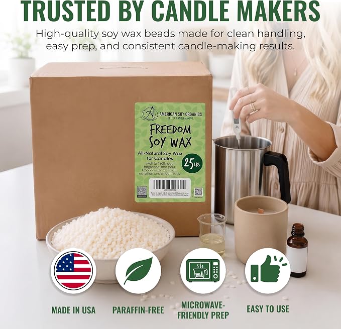 American Soy Organics Freedom Soy Wax Beads, All-Natural Candle Wax, 25 lbs | DIY Candle Making Supplies Ideal for Container Candles, Tealights & Wax Melts, Paraffin-Free, Beeswax-Free, Microwavable