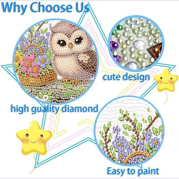 Ajepon Owl Diamond Art Kit for Kids, Ages 8-12, 7x7 Inch, Modern Style, Crystal Diamonds, Includes Canvas, Frame, Tools, Non-Foldable