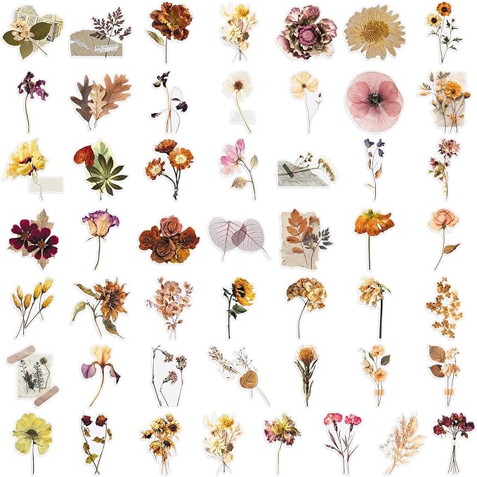 Transparent Flora Scrapbook Stickers 50 Pack, Vintage Aesthetic Flowers Stickers for Scrapbook Journal, Waterproof for Water Bottles Laptop Phone Scrapbook Supplies DIY Crafts(colours-F17)