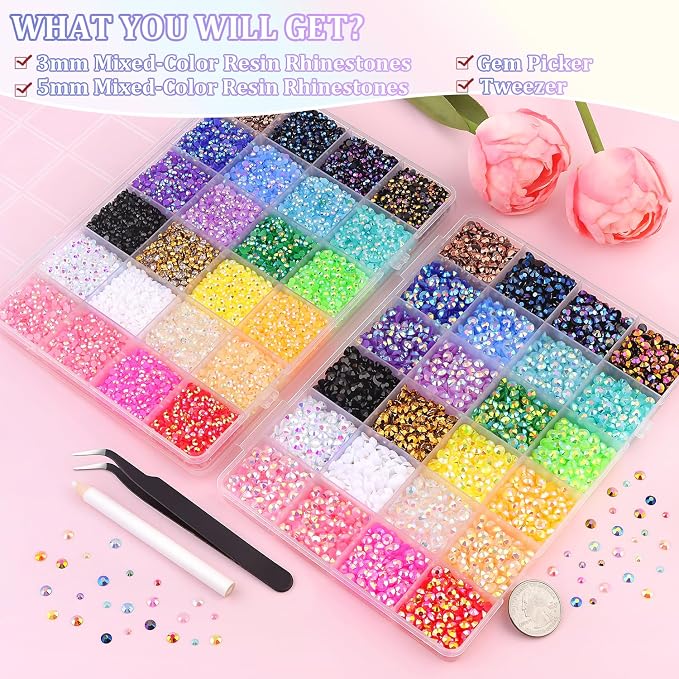 2 Boxes Jelly Rhinestones for Bedazzling, 30600Pcs 3mm & 5mm Multicolor Flatback Resin Gems for Crafting, Bedazzler Kit with Tweezer for DIY Crafts Book Fabric Decor Nail Art