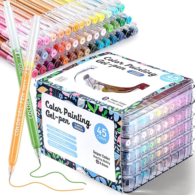 45 Colors Gel Pens for Coloring, Gel Pens Set for Adult Coloring Books No Bleeding, 0.6mm Fine Point Colored Pen Markers for Painting, Doodling, Illustrations, Writing, Art DIY Crafts