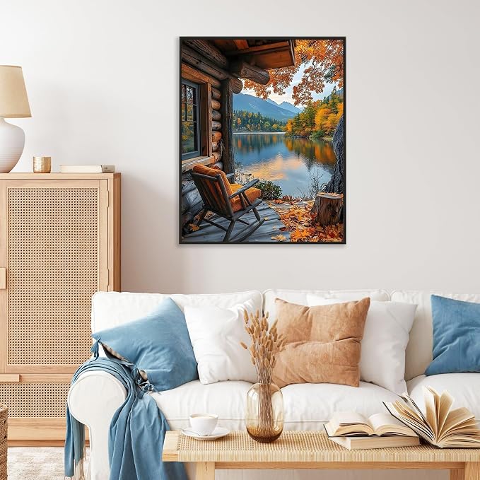 Paint by Numbers Kit for Adults, Fall Lake Cabin Number Painting Canvas Kit | DIY Acrylic Painting Set for Beginners, Stress Relief Relaxing Craft, Home Wall Decor, Holiday Gift for Adults, 16x20 Inch