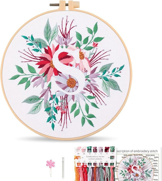 Harimau Letter Pattern S Embroidery Kit for Adult Beginners, Complete Starter Pack with 1 Hoop, Needles, Instruction Guide & Embroidery Stitch Video Tutorials