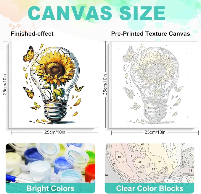 Framed Paint by Numbers Kit for Adults, Sunflower Light Bulb, 10 x 10 Inch | DIY Adult Paint by Number Kit for Beginners, Modern Wall Decor, Stress Relief Craft Gift, Creative Hobby