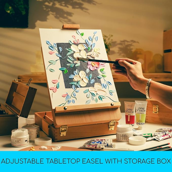 MEEDEN Table Top Easel for Painting: Portable Tabletop Easel with Storage | Wood Easel for Adults - Sketch Box Easel for Students Artist Beginner - Art Desk Easel for Plein Air Natural 15"x10.5"