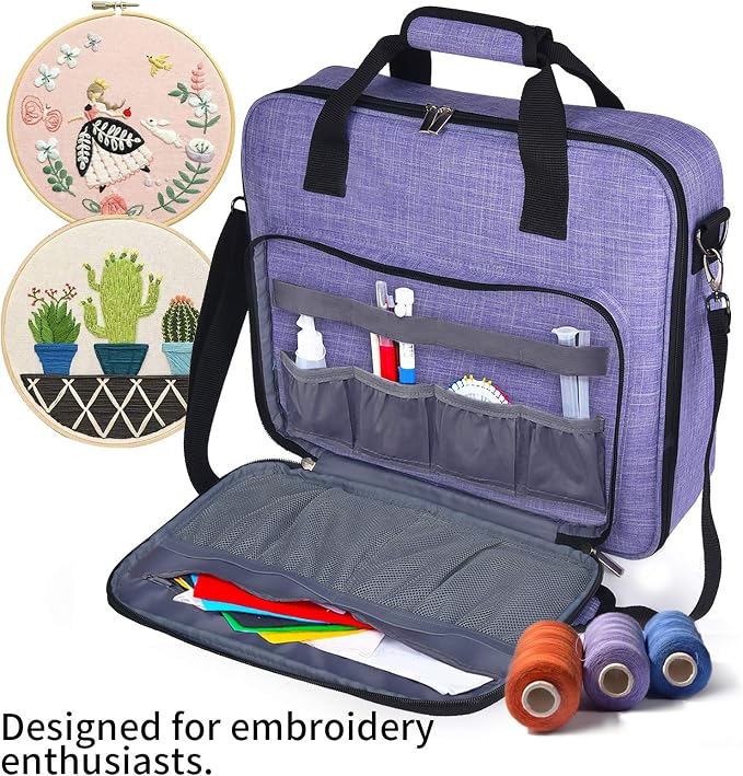 BAGLHER Cross Stitch & Embroidery Organizer Bag - Large Portable Project Storage with 3 Compartments, Travel Friendly Carrying Case for 11.2" Hoops, Threads, Supplies (Purple)