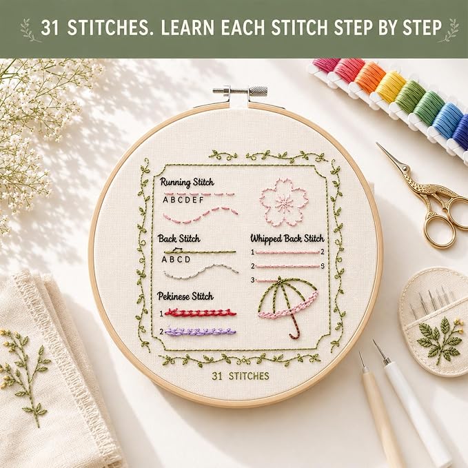 Cikeela Embroidery Stitch Book Beginner with Fabric Pages, 31 Essential Stitches in Structured Learning Order for Adults, DIY Sewing Kit with Floral Motifs, Practice Patterns EmbroideryStitch Book Kit