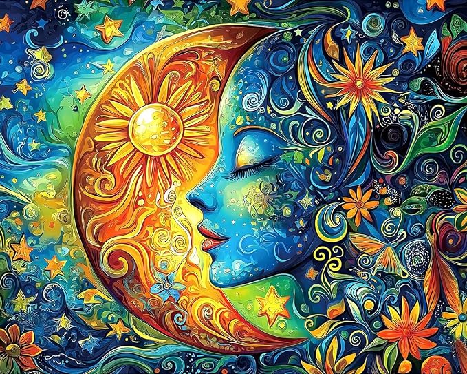 Paint by Numbers Kit for Adults, Sun and Moon Number Painting, 16 x 20 Inch | DIY Adult Paint by Number Kit on Canvas for Beginners, without Frame, Fantasy Wall Decor, Stress Relief Craft Gift