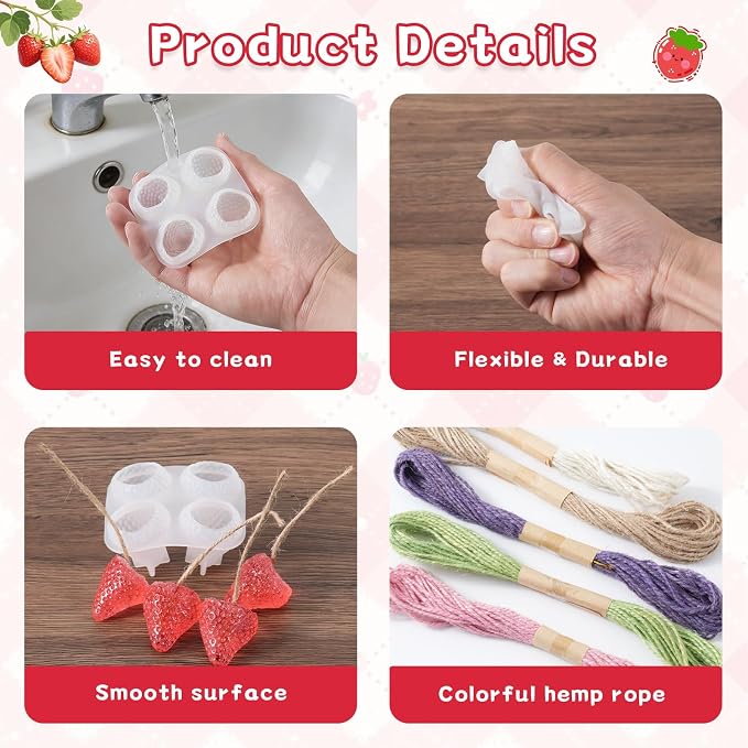 Strawberry Silicone Soap Mold Kit, DIY Soap Making Set with 2 Strawberry Molds, 3 Leaf Molds, Twine & Threaders, Handmade Soap Supplies for Crafts, Gifts & Beginners