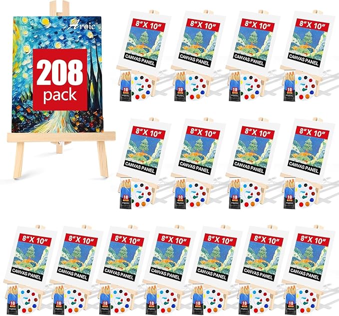 AROIC 208 Pcs Easel Sets with 16 Easels, 160 Brushes, 16 Canvas, 16 Palette | Painting Set, Tabletop Easel, Art Easels, Painting Supplies for Kids & Adults to Paint Party