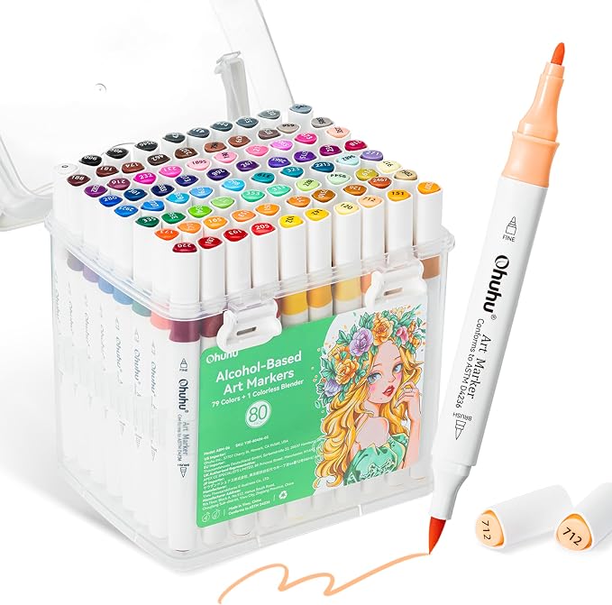 Ohuhu Alcohol Markers 80 Colors Brush& Fine for Beginners Adults Coloring