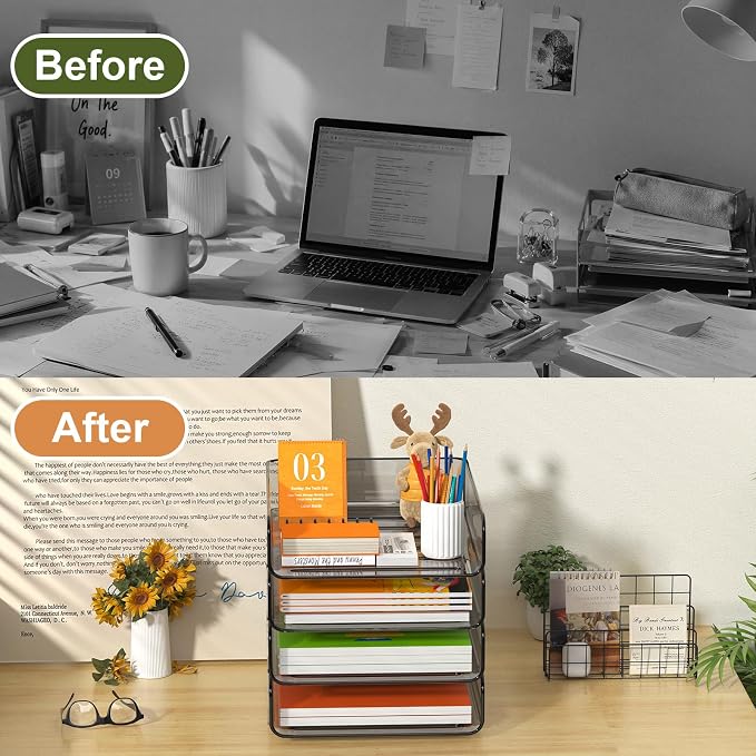 FANXIYQ 4-Tier Acrylic Paper Tray Organizer, Brown Office Paper Organizer