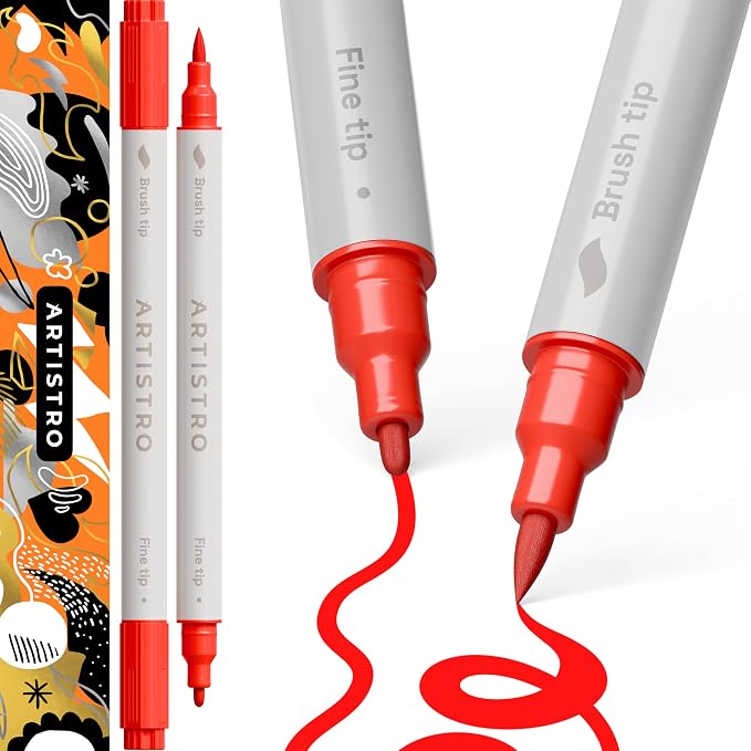 ARTISTRO Red Dual-Tip Acrylic Paint Pens - Set of 2 | 1mm Fine & Brush Tips, Multisurface Markers, Perfect for Glass, Rock, Fabric, Wood, Plastic, & More