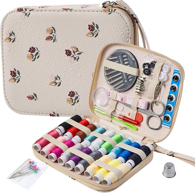 Floral Sewing Kit Printing Sewing Project Kits,Professional Sewing Supplies for Adults, Zipper Sewing Needles Set, 87 PCS Travel Sewing Accessory for Emergency, Home