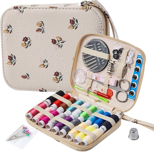 Floral Sewing Kit Printing Sewing Project Kits,Professional Sewing Supplies for Adults, Zipper Sewing Needles Set, 87 PCS Travel Sewing Accessory for Emergency, Home