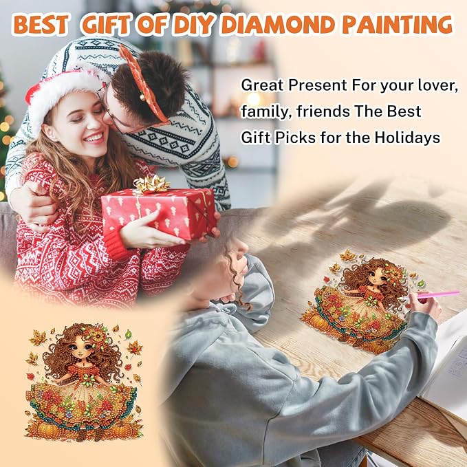Bowetile Fall Diamond Art Hanging Kits for Adults, Autumn Diamond Art Suncatchers Harvest Girl, 5D Special Shape Maple Leaf Diamond Painting Pendant Window Ornament Gifts for Home Wall Decor