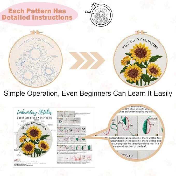 Nuberlic 3 Pack Embroidery Kit for Beginners, Floral Cross Stitch Kit