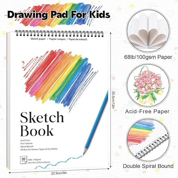 12 Pack Sketch Books 9 × 12 in, Spiral Bound, Acid-Free Paper | 30 Sheets Each, 68lb/100gsm Paper, Hardcover with Backboard, Lay-Flat Spiral, for Kids Beginners & Artists