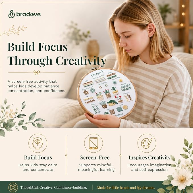 Bradove Beginner Embroidery Kit for Adults and Kids | Hand Embroidery Kit for Beginners with Patterns, Learn to Embroider Kit Adult Beginner, Stitches Practice, Learn to Sew