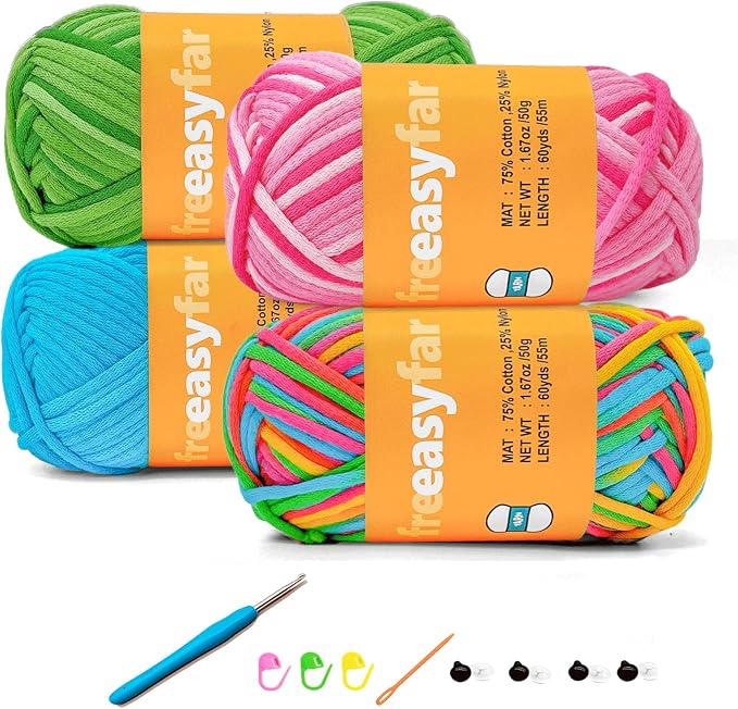 4x50g Beginner Crochet Yarn for Crocheting and Knitting; Beginner Easy Yarn kit with Tool Set (Rainbow+Strawberry+Lawngreen+Aqua, 4 Skein)