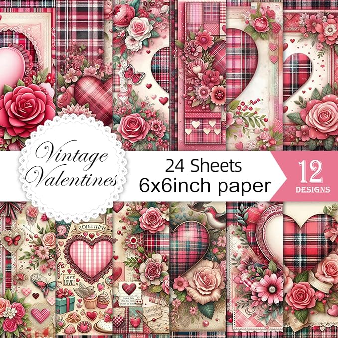 Vintage Valentine Scrapbook Paper Pad - 24 Sheets 6in Pink Love Hearts Patterns Designed Decoupage Supplies for Journals Folded Cardstock DIY Crafts Origami Gift Wrapping Material