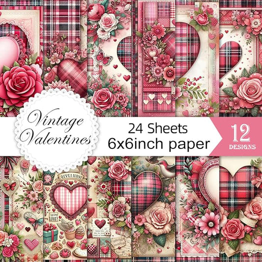 Vintage Valentine Scrapbook Paper Pad - 24 Sheets 6in Pink Love Hearts Patterns Designed Decoupage Supplies for Journals Folded Cardstock DIY Crafts Origami Gift Wrapping Material