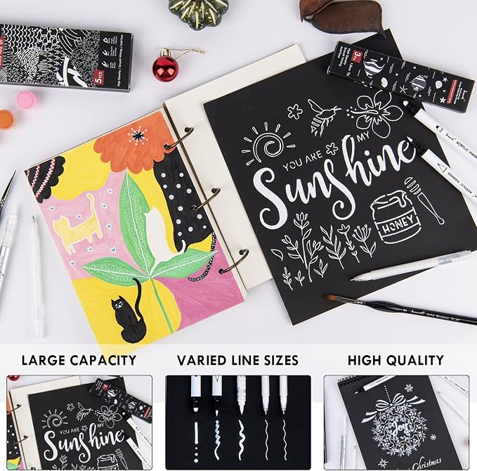 Brusarth White Pens Set, White Gel Pens, Dual-Tip Acrylic Paint Pen | Brush Tip Acrylic Markers Pens for Black Paper Drawing, Sketching, Illustration, Card Making, Bullet Journaling