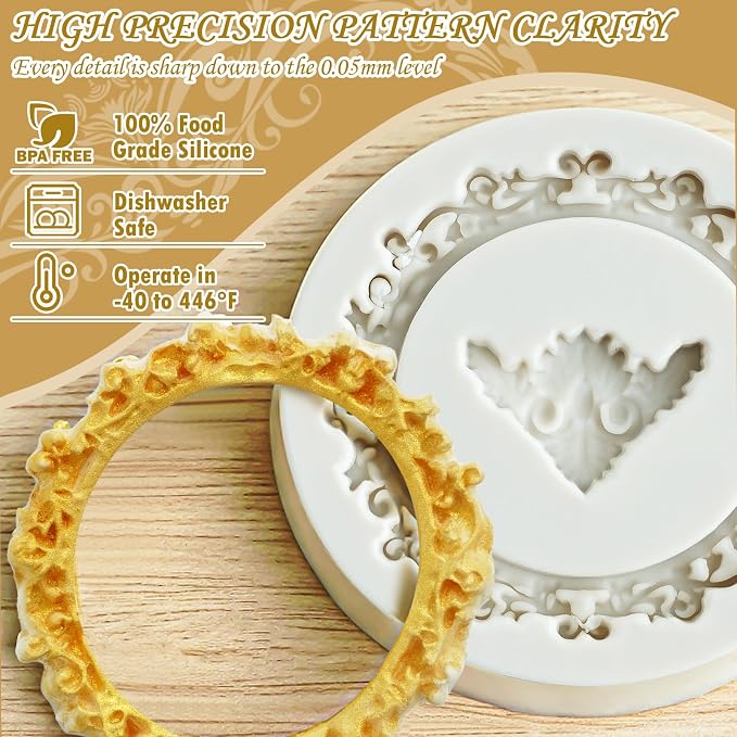 HKNMTT Picture Frame Molds Silicone Baroque Vintage for Fondant Candy Clay Covered Oreo Cake Photo Decorating Cupcake Toppers, 4 Shaped Round Square Frame Moulds Craft DIY Supplies Set