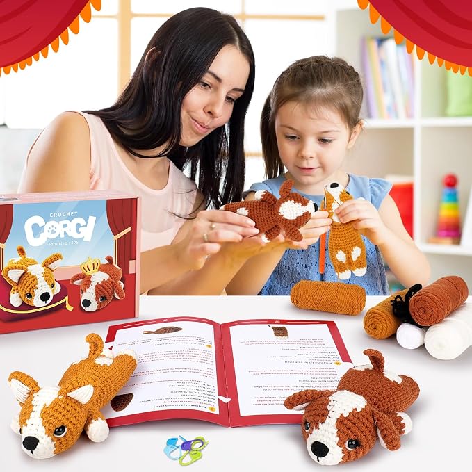 Fortuning's JDS Crochet Kit for Beginners, 2 PCS Corgi Crochet Kits