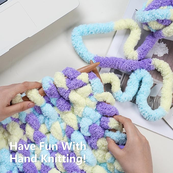 Cozyful Chunky Yarn for Hand Knitting - #10 Chunky Chenille Blanket Yarn, Jumbo Big Thick Chunky Yarns for Crocheting, Tie Dye Bulky Knit Yarns, 8 Skein (20 yds 8 oz Each Skein), Purple&Yellow&Blue