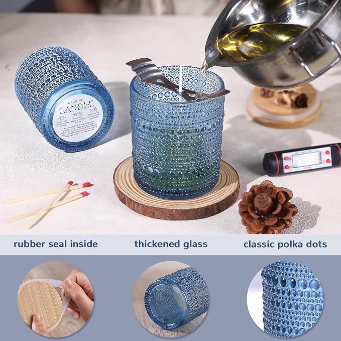 DARJEN 12 Pcs 10 oz Glass Candle Jars with Lids, Candle Container Tins-Blue | Thick Wall Ribbed Glass, Airtight Wood Lids, The go to candle jar for DIY, thoughtful gifters, growing candle brands