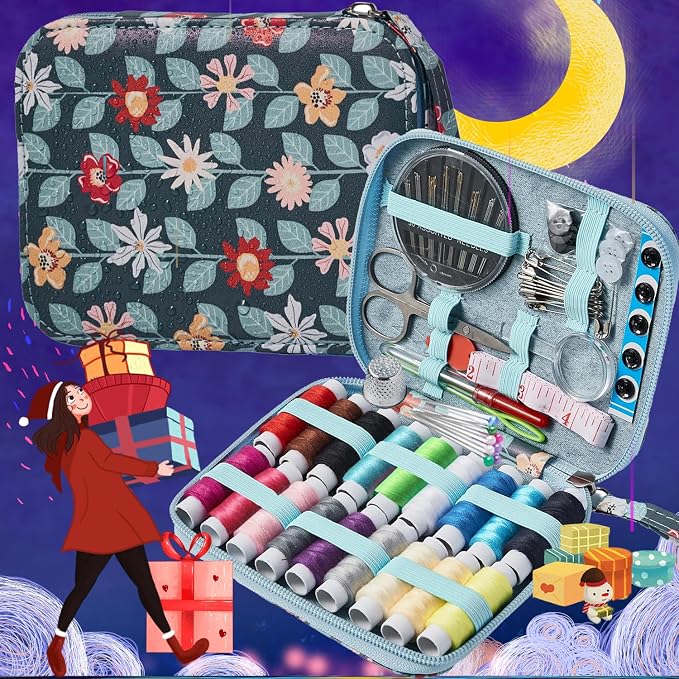 Printing Vines Sewing Project Kits,Travel Portable Sewing Set with Zipper Sewing Case,87 PCS Professional Sewing Supplies Accessory for Adults,Emergency, Home
