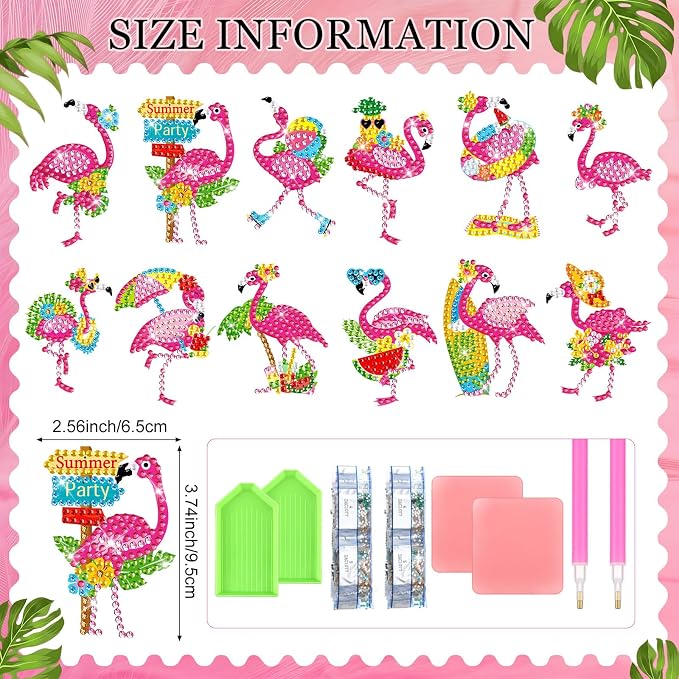 Zonon 12 Pcs Summer Flamingo Diamond Art Magnets DIY Fridge Decor | Beach Tropical Theme with Colorful Rhinestones, Hawaiian Party Sign, Magnetic for Refrigerator Cabinets Lockers Decor