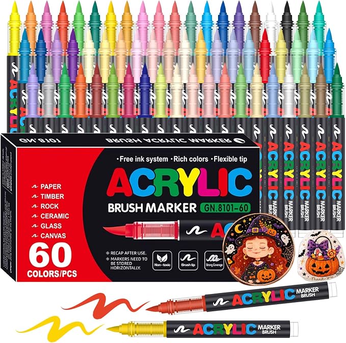 Amamao 60 Colors Soft Brush Tip Acrylic Paint Markers for Wood Rock Canvas