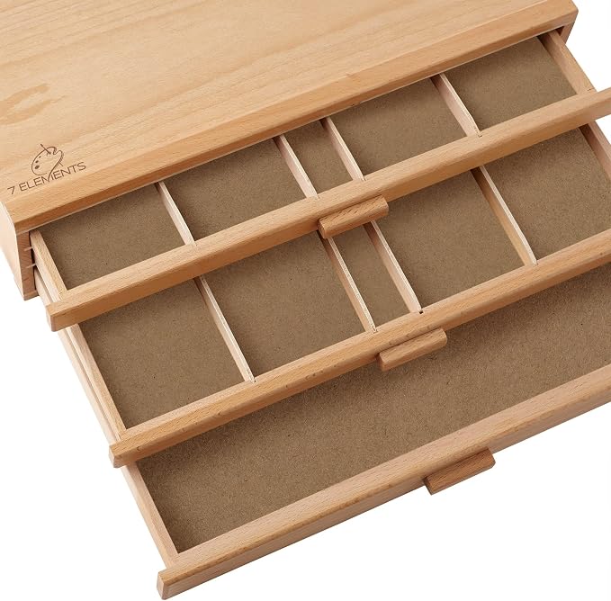 7 Elements 3 Drawer Wooden Artist Storage Supply Box for Pastels, Pencils, Pens, Markers, Brushes and Tools