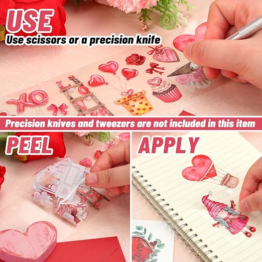 JarThenaAMCS 39.2Ft Valentine's Day PET Washi Tape 4 Rolls Pink Red Love Heart Gnome Transparent Adhesive Masking Tape for Cut & Use as Wedding Stickers Scrapbook Journal DIY Crafts Wrapping