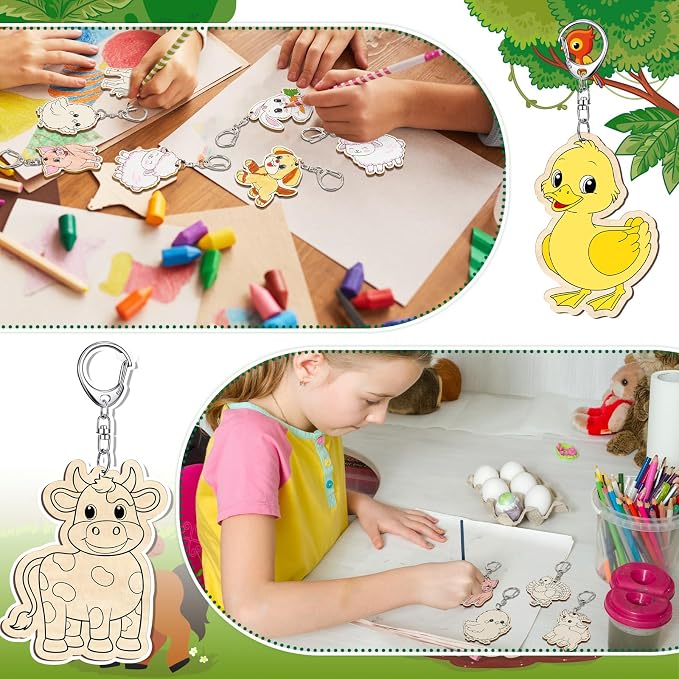 Trnayi 36 Pcs Farm Animal Unfinished Wood Keychain DIY Craft | Farm Animal Wooden Keychain, Color Your Own Unfinished Craft, Blank Wood Painting DIY Craft, for Home Activity Art Project