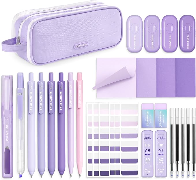 Four Candies Aesthetic Purple School Supplies Kit with Case for Girls