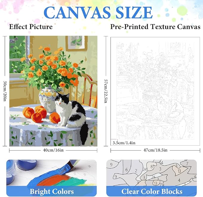ZRIZQ Paint by Numbers Kit for Adults Beginner,Flowers and Cat,16x20