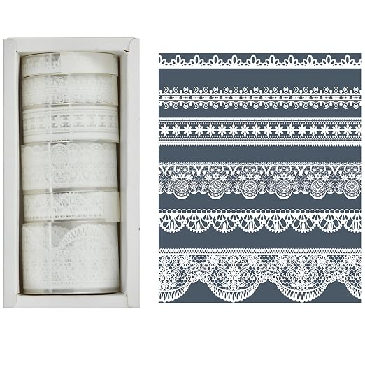 6 Rolls Lace Patterns PET Tapes Floral Arts Decorative Tape Set Adhesive Transparent Masking Tapes for DIY Craft, Kids, Scrapbook, DIY, Gift Wrapping, Journal (Pure White)