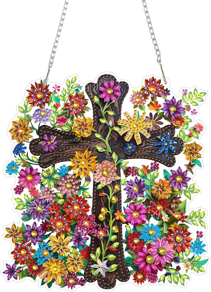 RYMILIE Cross with Flowers Hanging Diamond Art for Adults, Special Shaped Rhinestone, Diamond Painting Pendant DIY Gem Art Wall Hanging Ornament, Acrylic Home Garden Decor with Chain